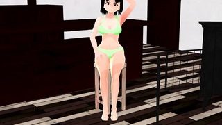 Mia Anime girl tried to hide her body with a tray.