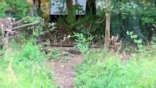 Outdoor fucking while standing with a slim woman